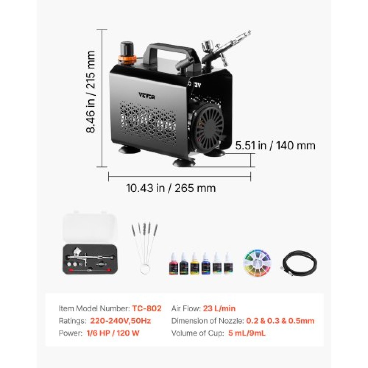 Σετ VEVOR Airbrush Kit, 1/6 HP, Air Brush Kit με αεροσυμπιεστή, 1 Dual-Action Professional Airbrush with 3 Tips, Hose, Acrylic Paint, Brush, Low Noise, for Cake Decorating, Model Painting, Nail Art