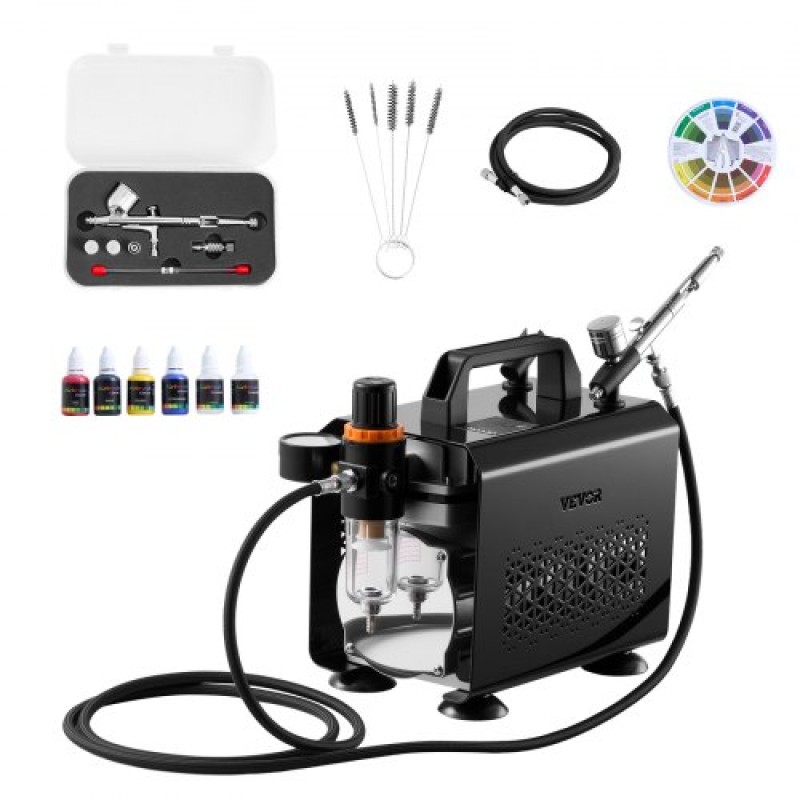 Σετ VEVOR Airbrush Kit, 1/6 HP, Air Brush Kit με αεροσυμπιεστή, 1 Dual-Action Professional Airbrush with 3 Tips, Hose, Acrylic Paint, Brush, Low Noise, for Cake Decorating, Model Painting, Nail Art