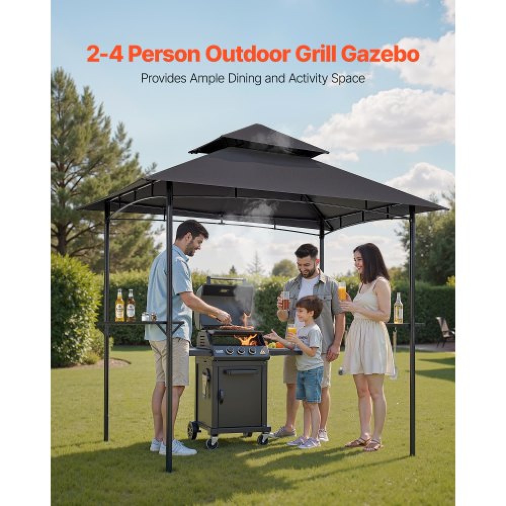 VEVOR Grill Gazebo, 2.43 x 1.5 m Outdoor BBQ Gazebo with Double-Tiered Roof, Powder-Coated Steel Patio Grill Shelter with 2 Side Shelves & 8 Hooks, Grilling Canopy for Patio Backyard Garden Picnic