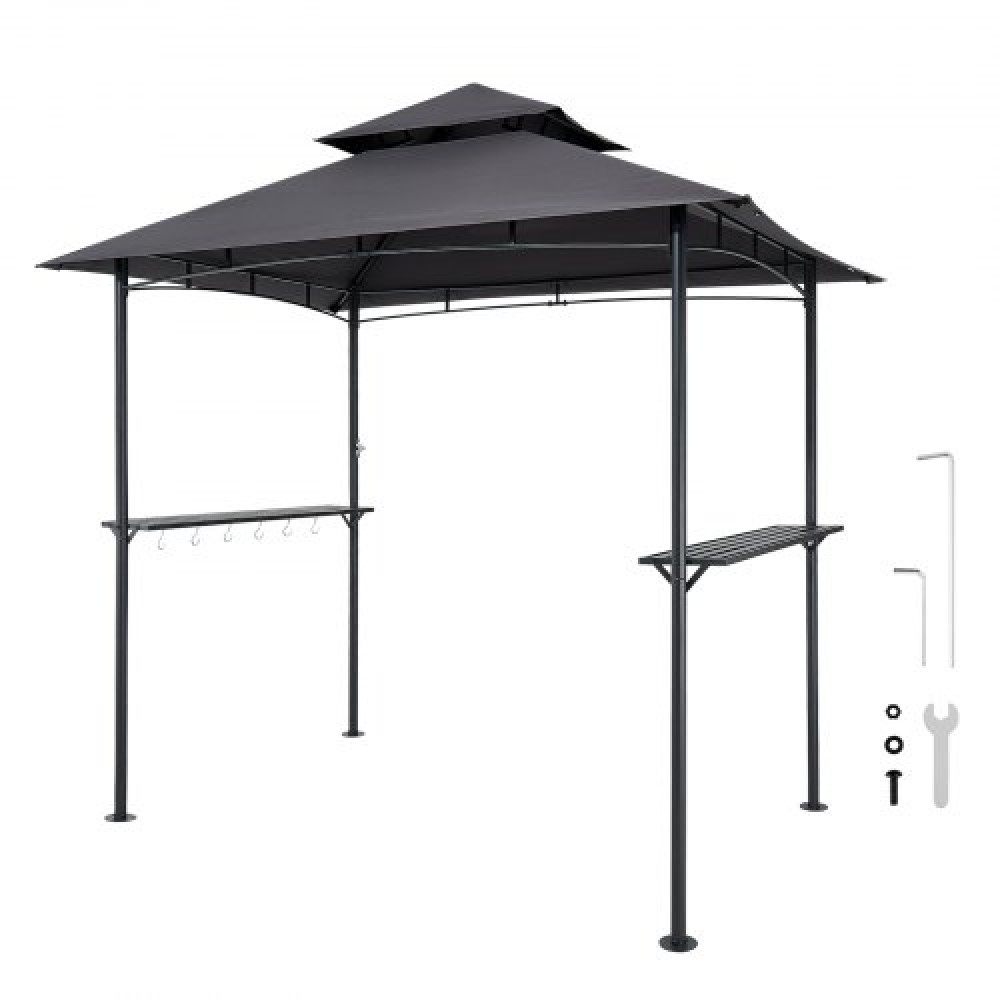 VEVOR Grill Gazebo, 2.43 x 1.5 m Outdoor BBQ Gazebo with Double-Tiered Roof, Powder-Coated Steel Patio Grill Shelter with 2 Side Shelves & 8 Hooks, Grilling Canopy for Patio Backyard Garden Picnic