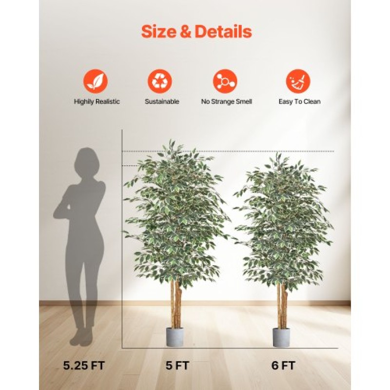 VEVOR Τεχνητό δέντρο Ficus 180 cm με Μαύρη γλάστρα, Ψηλό φυτό Faux Ficus με κορμό από φυσικό ξύλο και ρεαλιστικά πράσινα φύλλα, ψεύτικο μεταξωτό δέντρο εσωτερικού χώρου για διακόσμηση σπιτιού, γραφείου, σαλονιού ή γωνίας