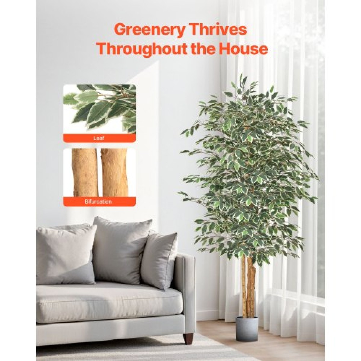 VEVOR Τεχνητό δέντρο Ficus 180 cm με Μαύρη γλάστρα, Ψηλό φυτό Faux Ficus με κορμό από φυσικό ξύλο και ρεαλιστικά πράσινα φύλλα, ψεύτικο μεταξωτό δέντρο εσωτερικού χώρου για διακόσμηση σπιτιού, γραφείου, σαλονιού ή γωνίας