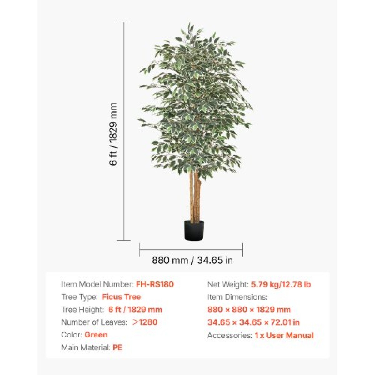 VEVOR Τεχνητό δέντρο Ficus 180 cm με Μαύρη γλάστρα, Ψηλό φυτό Faux Ficus με κορμό από φυσικό ξύλο και ρεαλιστικά πράσινα φύλλα, ψεύτικο μεταξωτό δέντρο εσωτερικού χώρου για διακόσμηση σπιτιού, γραφείου, σαλονιού ή γωνίας