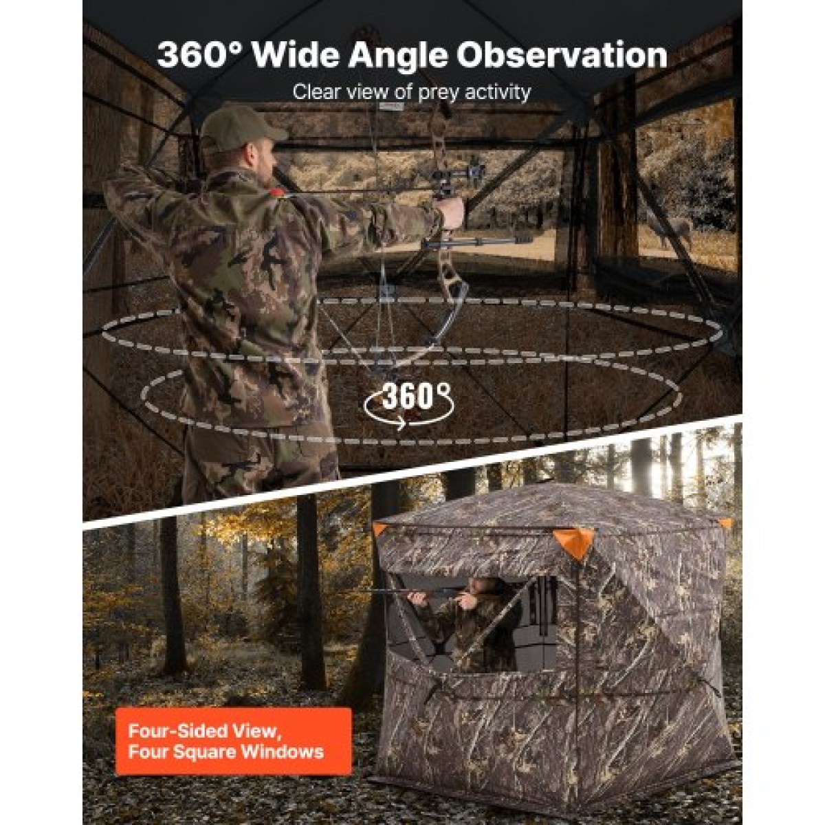 VEVOR Hunting Blind, περσίδες 4-5 ατόμων See Through Ground με τσάντα μεταφοράς, φορητή σκηνή παραλλαγής 360 μοιρών, ανθεκτικό κρυφό καταφύγιο με αθόρυβη πόρτα και παράθυρο με φερμουάρ, για Τουρκία και ελάφια