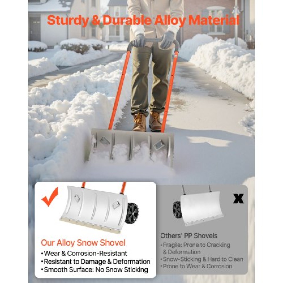 Φτυάρι Snow Pusher VEVOR με ρόδες, 61 cm Τροχοφόρο φτυάρι εκχιονιστή με διπλής κατεύθυνσης γωνιακή λεπίδα & ρυθμιζόμενη λαβή 90 μοιρών, μεταλλικά χειμωνιάτικα φτυάρια, φορητό εργαλείο αφαίρεσης χιονιού για Driveway Garden