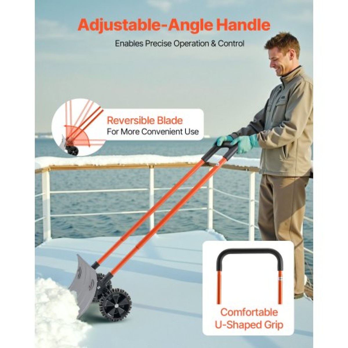 Φτυάρι Snow Pusher VEVOR με ρόδες, 61 cm Τροχοφόρο φτυάρι εκχιονιστή με διπλής κατεύθυνσης γωνιακή λεπίδα & ρυθμιζόμενη λαβή 90 μοιρών, μεταλλικά χειμωνιάτικα φτυάρια, φορητό εργαλείο αφαίρεσης χιονιού για Driveway Garden