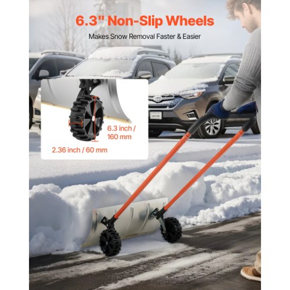 Φτυάρι Snow Pusher VEVOR με ρόδες, 61 cm Τροχοφόρο φτυάρι εκχιονιστή με διπλής κατεύθυνσης γωνιακή λεπίδα & ρυθμιζόμενη λαβή 90 μοιρών, μεταλλικά χειμωνιάτικα φτυάρια, φορητό εργαλείο αφαίρεσης χιονιού για Driveway Garden