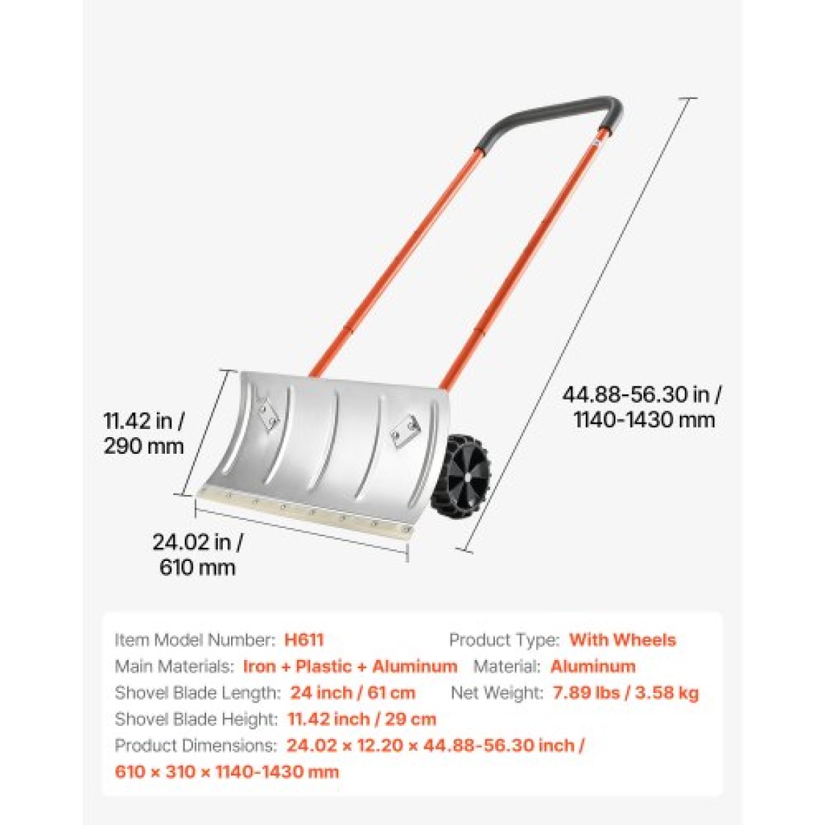 Φτυάρι Snow Pusher VEVOR με ρόδες, 61 cm Τροχοφόρο φτυάρι εκχιονιστή με διπλής κατεύθυνσης γωνιακή λεπίδα & ρυθμιζόμενη λαβή 90 μοιρών, μεταλλικά χειμωνιάτικα φτυάρια, φορητό εργαλείο αφαίρεσης χιονιού για Driveway Garden