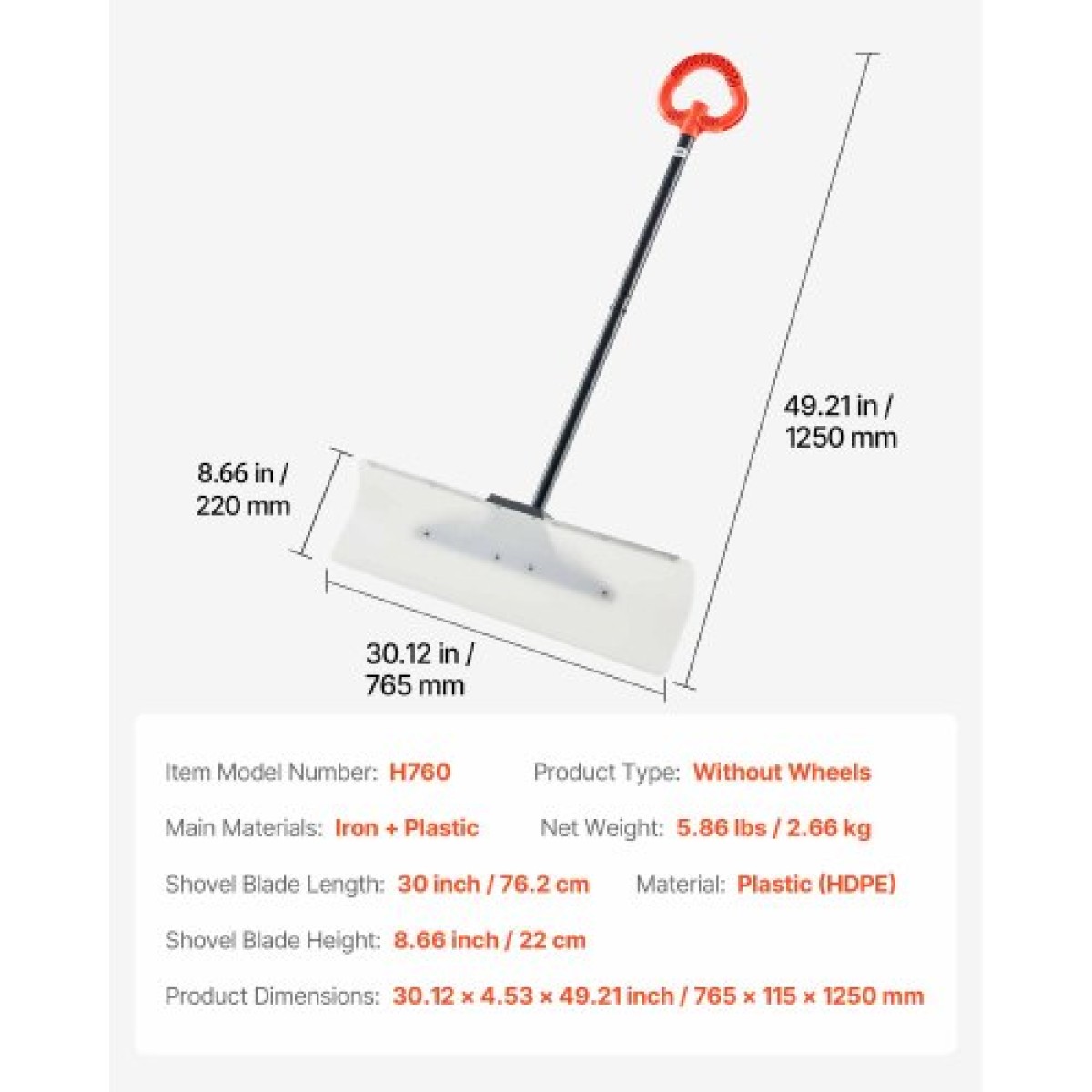 Φτυάρι VEVOR Snow Pusher, 76,2 cm Φτυάρι Εξωτερικού Χιονιού με Εργονομική λαβή, Πλαστική λεπίδα HDPE, Χειμερινά Φτυάρια με Τμηματοποιημένη Λαβή, Μεταλλική Λωρίδα με Μεταλλικές Επεξεργασίες, Φορητό εργαλείο αφαίρεσης χιονιού για Driveway