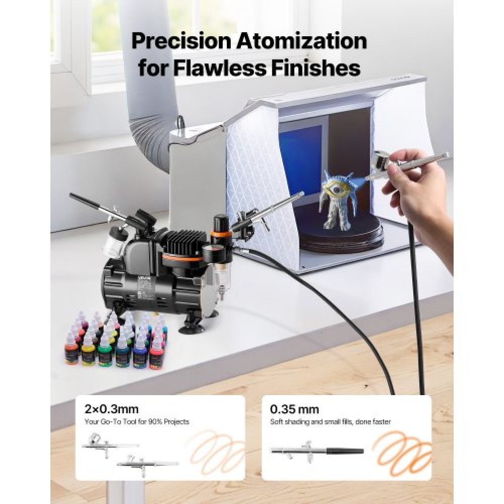 Σετ VEVOR Airbrush Kit, 1/6 HP, Air Brush Kit με αεροσυμπιεστή, 3 Dual-Action Professional Airbrushes with 3 Tips, Hose, Acrylic Paint, Brush, Low Noise, for Cake Decorating, Model Painting, Nail Art