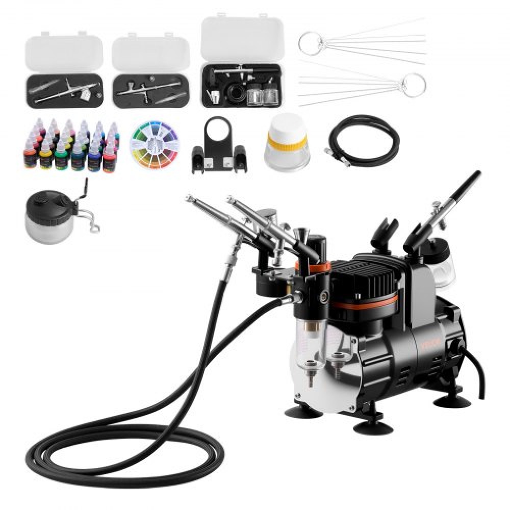 Σετ VEVOR Airbrush Kit, 1/6 HP, Air Brush Kit με αεροσυμπιεστή, 3 Dual-Action Professional Airbrushes with 3 Tips, Hose, Acrylic Paint, Brush, Low Noise, for Cake Decorating, Model Painting, Nail Art