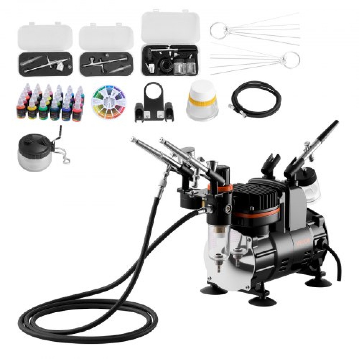 Σετ VEVOR Airbrush Kit, 1/6 HP, Air Brush Kit με αεροσυμπιεστή, 3 Dual-Action Professional Airbrushes with 3 Tips, Hose, Acrylic Paint, Brush, Low Noise, for Cake Decorating, Model Painting, Nail Art