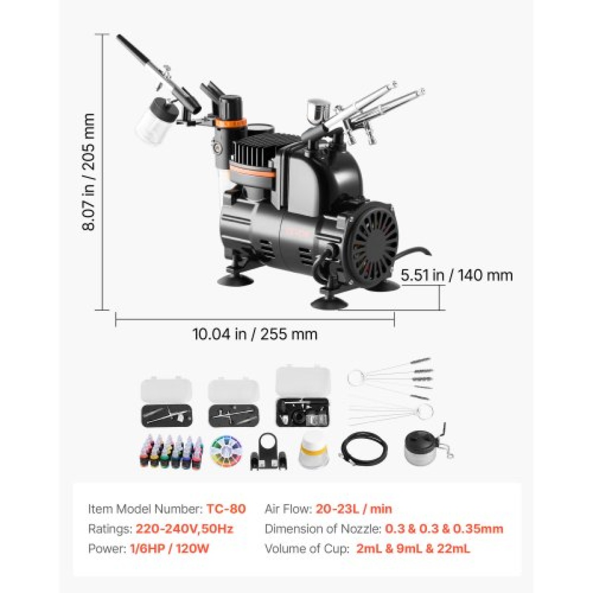 Σετ VEVOR Airbrush Kit, 1/6 HP, Air Brush Kit με αεροσυμπιεστή, 3 Dual-Action Professional Airbrushes with 3 Tips, Hose, Acrylic Paint, Brush, Low Noise, for Cake Decorating, Model Painting, Nail Art