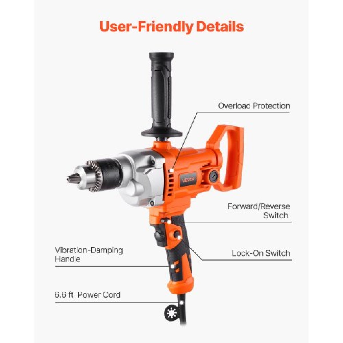 VEVOR Drill Mixer, 12,7mm Corded Electric Drill Mixer Set, 0-850RPM 3.2A Mixing Drills, Mixing Drills Machine with D-Handle for Drilling & Blending, Handheld Chiment Mixer for Fodder, Paint, Cement