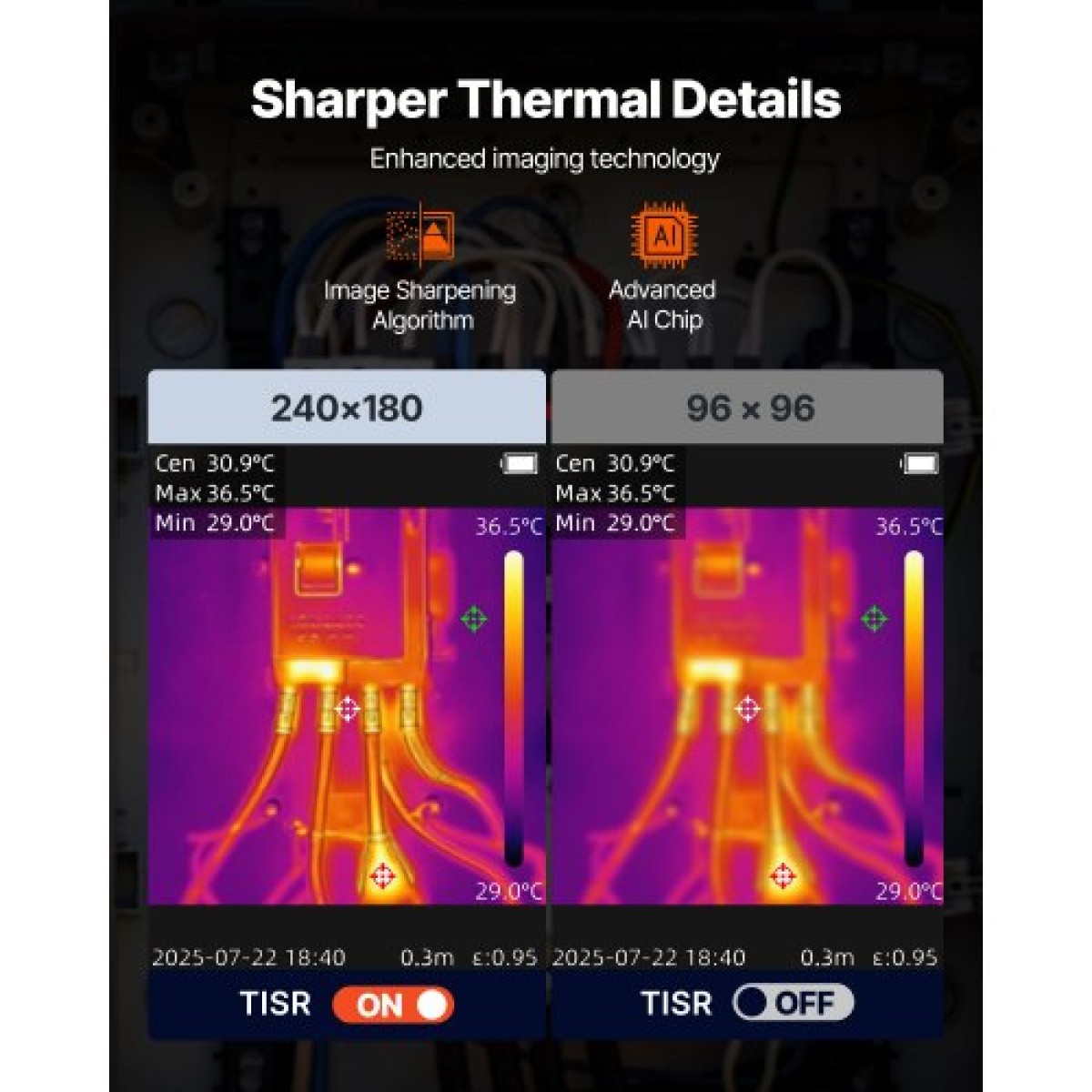 Θερμική κάμερα VEVOR, TISR Super Resolution 240x180, Θερμική κάμερα με οπτική κάμερα 2MP, Ανάλυση υπερύθρων 96x96, Ρυθμός ανανέωσης 25 HZ, -4°F έως 1022°F, 4 λειτουργίες εικόνας & 6 παλέτες χρωμάτων