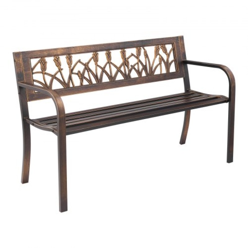 VEVOR Εξωτερικός πάγκος, 127 cm, Μεταλλικός σκελετός από ανθρακούχο ατσάλι με πλάτη PVC με λουλουδάτο σχέδιο και μπράτσα με στρογγυλές άκρες, Εξωτερικός πάγκος για Αίθριο, Κήπος, Πάρκο, Αυλή, Μπροστινή βεράντα, Μπρούτζος αντίκα