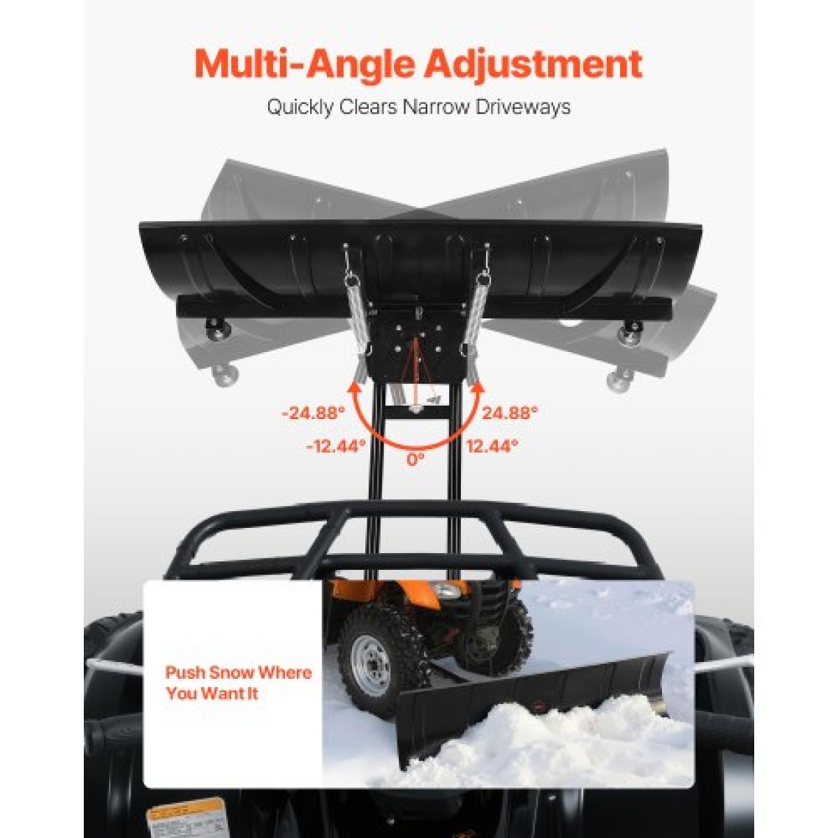 Κιτ VEVOR Snow Plough, 1524 mm Universal Εξάρτημα Χιονιού, ρυθμιζόμενο ύψος & αριστερά-δεξιά, γρήγορη αποσύνδεση, ατσάλινη λεπίδα απόξεσης ATV, 3 επιλογές τοποθέτησης, αποτελεσματικό καθάρισμα χιονιού, για τα περισσότερα ATV και UTV