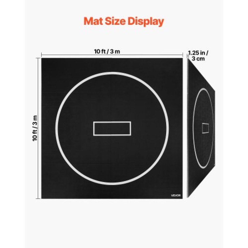 VEVOR 3x3m Wrestling Mat, Martial Arts Thick Mat for Home Gym Workouts Exercise, Αδιάβροχα PVC Roll-Up Προπονητικά χαλάκια με κύκλους, για Γυμναστική, Τατάμι, Jiu Jitsu BJJ MMA Τζούντο, Πυγμαχία, Μαύρο