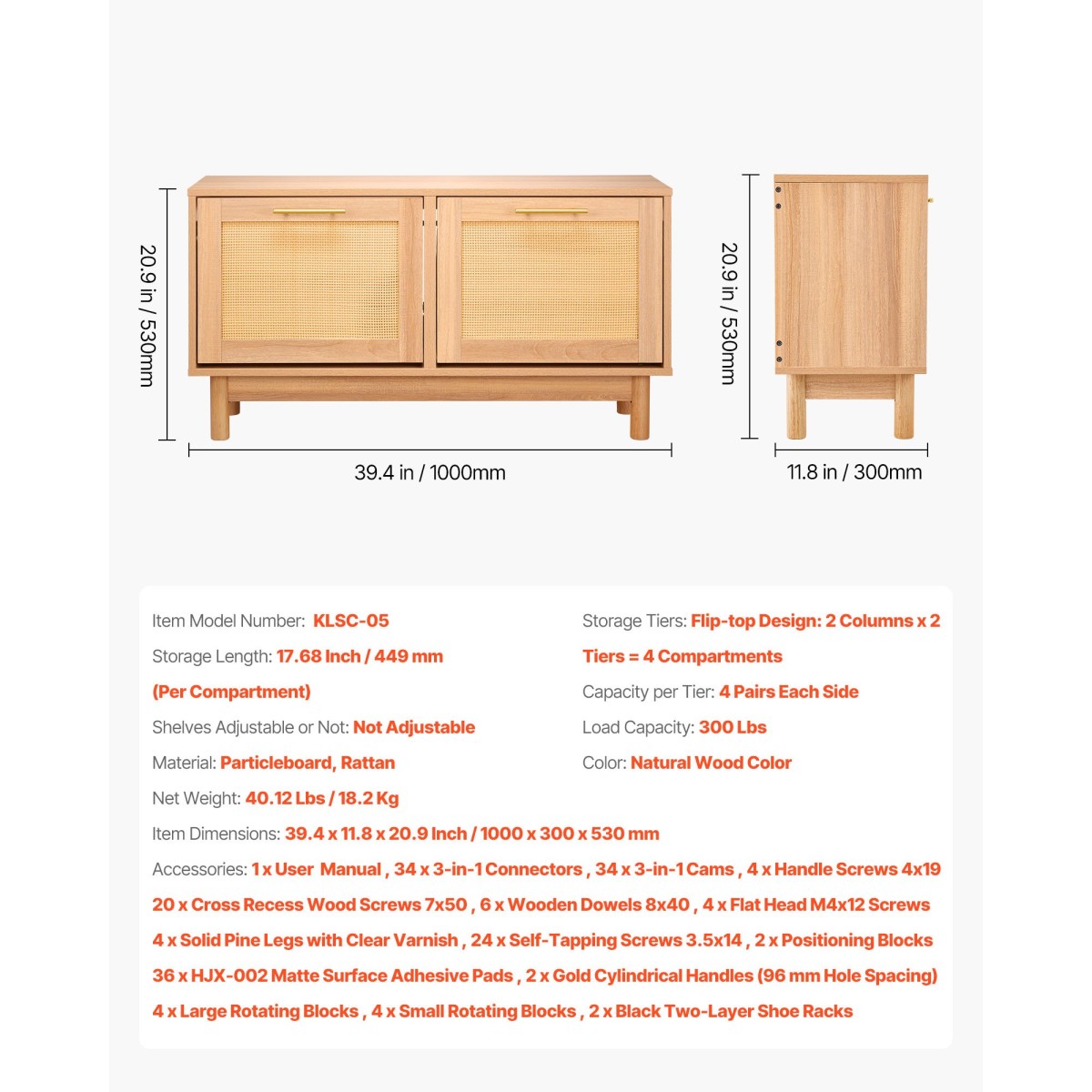 Πάγκος παπουτσιών VEVOR Entryway, 1000 x 300 x 530 mm Πάγκος παπουτσιών που μοιάζει με ρατάν με 2 συρτάρια, 300 λίβρες αποθήκευση παπουτσιών με 4 θήκες και 2 πόρτες μπαστούνι, για διάδρομο, σαλόνι, υπνοδωμάτιο