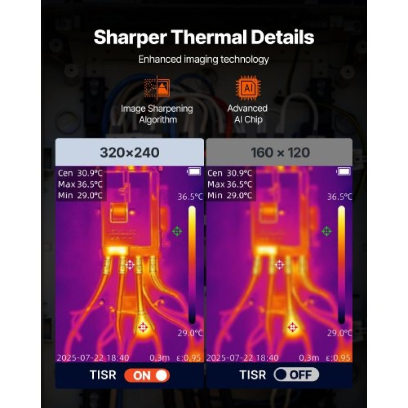 Θερμική κάμερα VEVOR, 320 x 240 TISR Super Resolution, Θερμική κάμερα με οπτική κάμερα 2MP, ανάλυση IR 160 x 120, Ρυθμός ανανέωσης 25 HZ, -4°F έως 1022°F, 4 λειτουργίες εικόνας και 6 παλέτες χρωμάτων