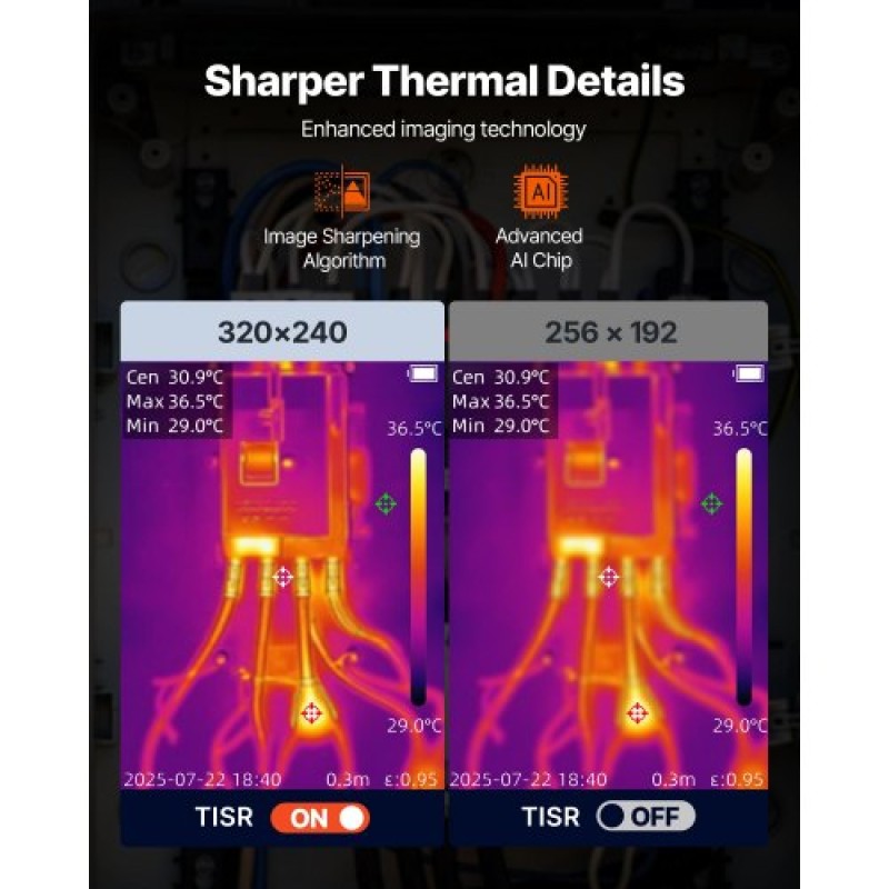 Θερμική κάμερα VEVOR, 320 x 240 TISR Super Resolution, Θερμική κάμερα με οπτική κάμερα 2 MP, ανάλυση IR 256 x 192, Ρυθμός ανανέωσης 25 HZ, -4°F έως 1022°F, 4 λειτουργίες εικόνας & 6 παλέτες χρωμάτων