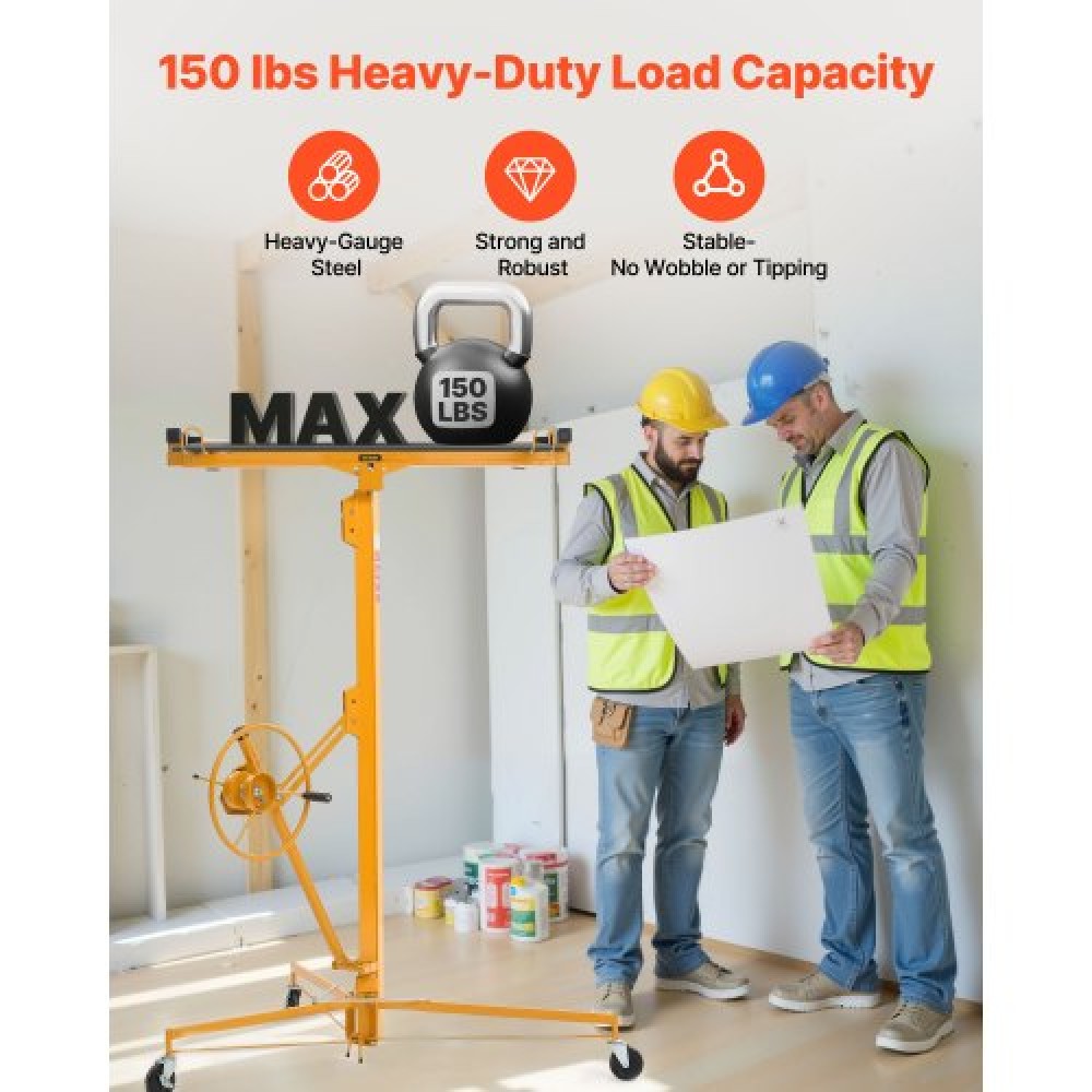 VEVOR 4877 mm Drywall Lift, Heavy-Duty 68 kg Sheetrock Hoist with Adjustable Telescoping Arm, Lockable Wheels, Drywall Lifter Panel Jack Hoist Tools Ideal for Ceiling & Wall Installation (Yellow)