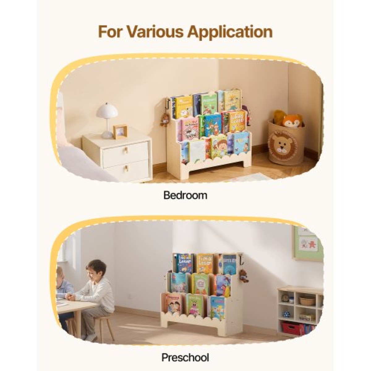 Βιβλιοθήκη VEVOR Montessori, Παιδικό ράφι 3 επιπέδων, Βιβλιοθήκη για νήπια με μπροστινή όψη, Διπλοί γάντζοι για κρεμαστά σακίδια, ράφι για μωρά για παιδικό δωμάτιο, σαλόνι, είσοδος, νηπιαγωγείο, προσχολική ηλικία