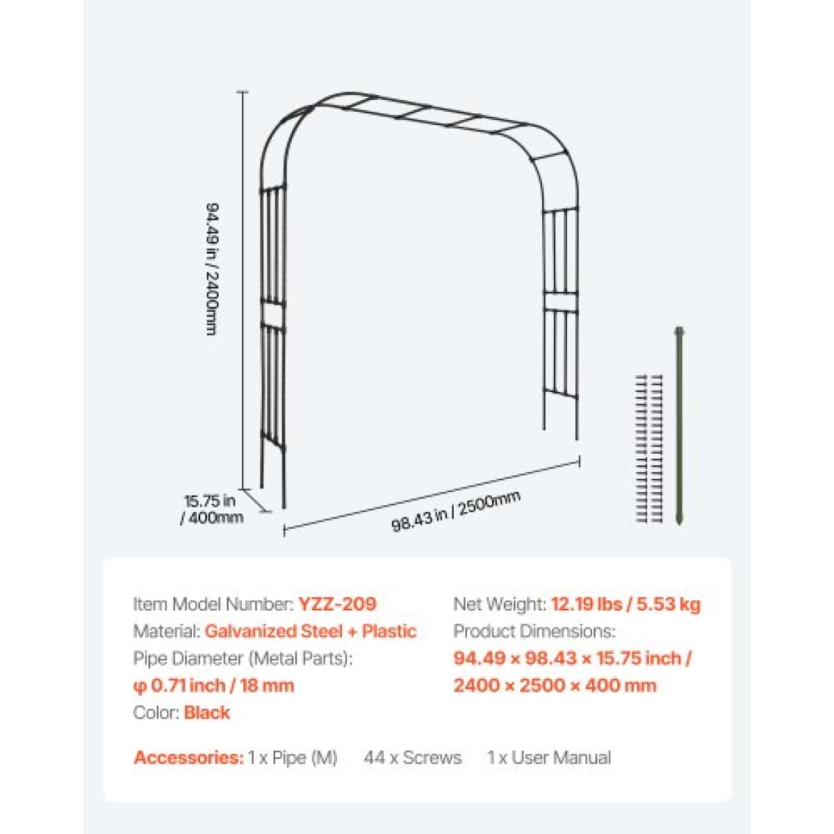 VEVOR Garden Arbor, 2,4 (Υ) x 2,5 (Π) x 0,4 (Β) m Μεταλλική Αψίδα, Στιβαρή Αψίδα Καφασωτών Εξωτερικών με Πασσάλους, Εύκολη Συναρμολόγηση, Πέργκολα κληματαριά για αναρρίχηση φυτών Διακόσμηση γαμήλιου γκαζόν για αυλή