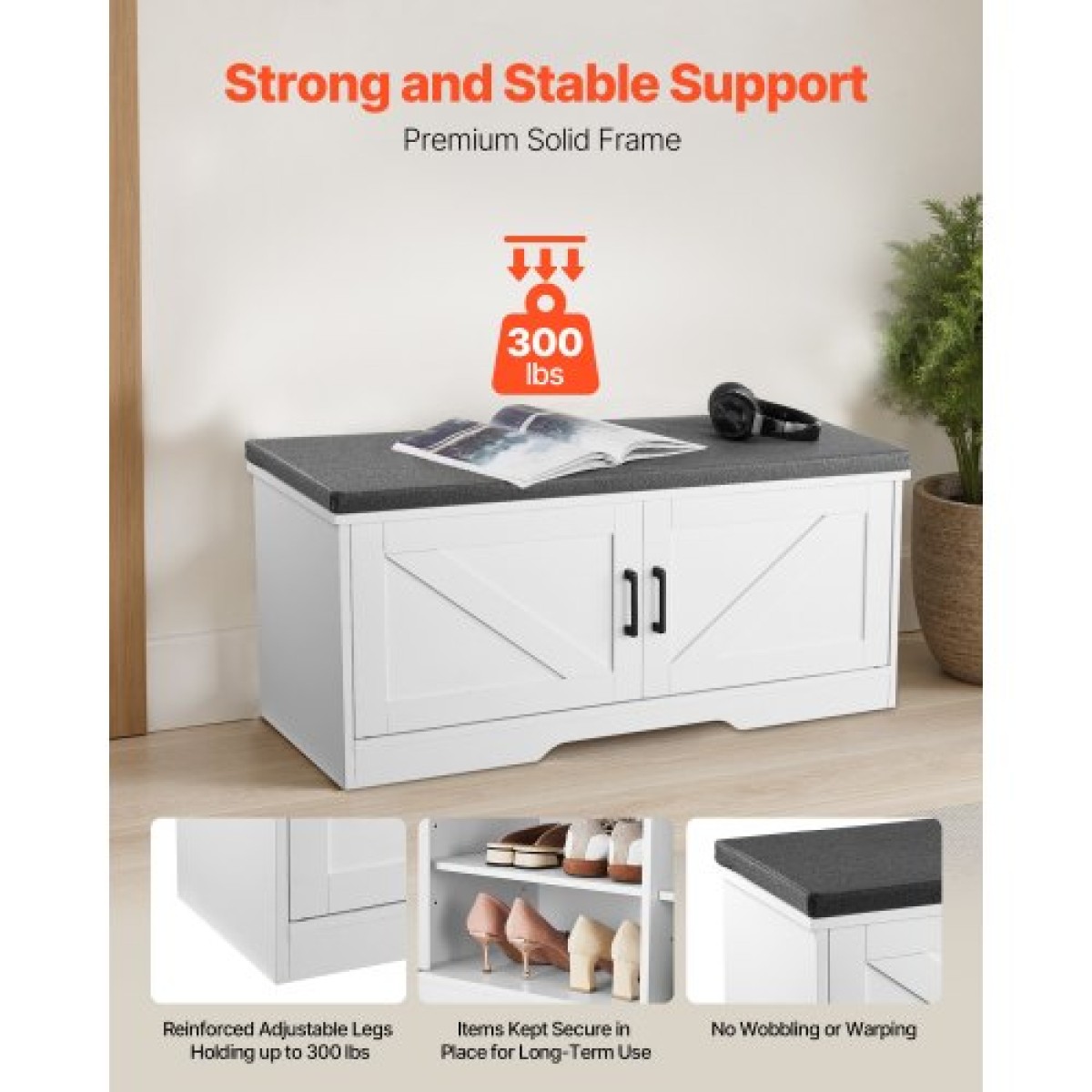 Πάγκος αποθήκευσης παπουτσιών VEVOR, 1000 x 355 x 460 mm Organizer παπουτσιών με μαξιλάρι καθίσματος με επένδυση, πάγκος εισόδου με 2 πόρτες αχυρώνα και ρυθμιζόμενο ύψος, για διάδρομο, σαλόνι, υπνοδωμάτιο, λευκό + μαύρο