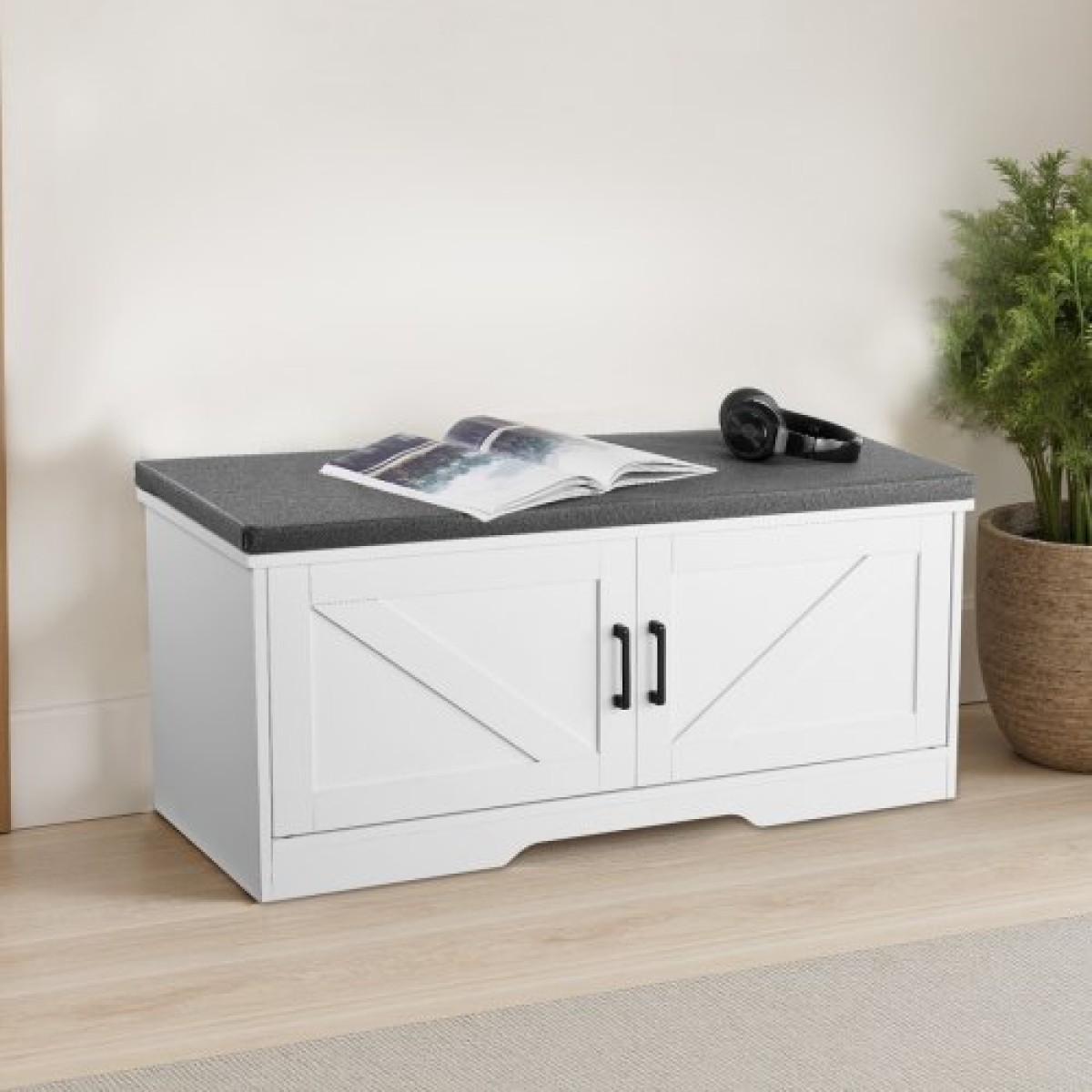 Πάγκος αποθήκευσης παπουτσιών VEVOR, 1000 x 355 x 460 mm Organizer παπουτσιών με μαξιλάρι καθίσματος με επένδυση, πάγκος εισόδου με 2 πόρτες αχυρώνα και ρυθμιζόμενο ύψος, για διάδρομο, σαλόνι, υπνοδωμάτιο, λευκό + μαύρο