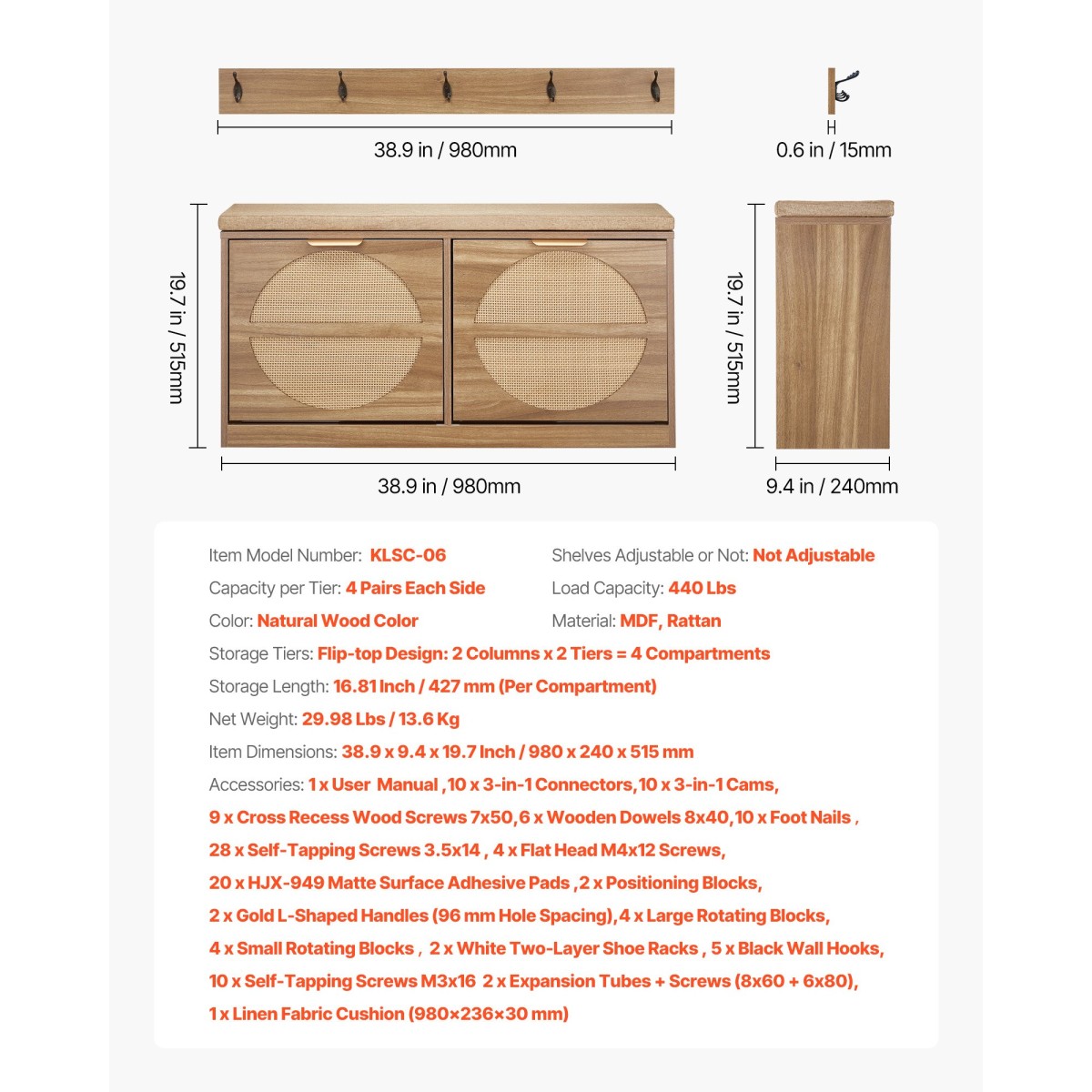 Πάγκος παπουτσιών VEVOR Entryway, 988 x 240 x 500 mm Πάγκος παπουτσιών τύπου Rattan με συρτάρια, 440 λίβρες ράφι αποθήκευσης παπουτσιών με μαξιλάρι, 4 θήκες και πόρτες από μπαστούνι, για διάδρομο, σαλόνι, υπνοδωμάτιο