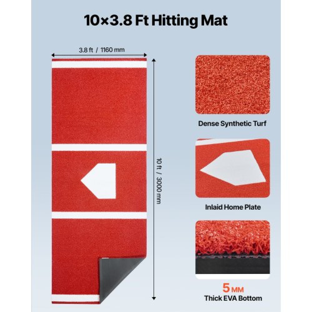 VEVOR Baseball Hitting Mat, 300x116cm Batting Cage Mat, Batters Box Turf Mats, Εξοπλισμός Softball Batting Practice με Home Plate και Anti Fade Turf, Φορητό βοήθημα προπόνησης για εσωτερικούς εξωτερικούς χώρους, κόκκινο
