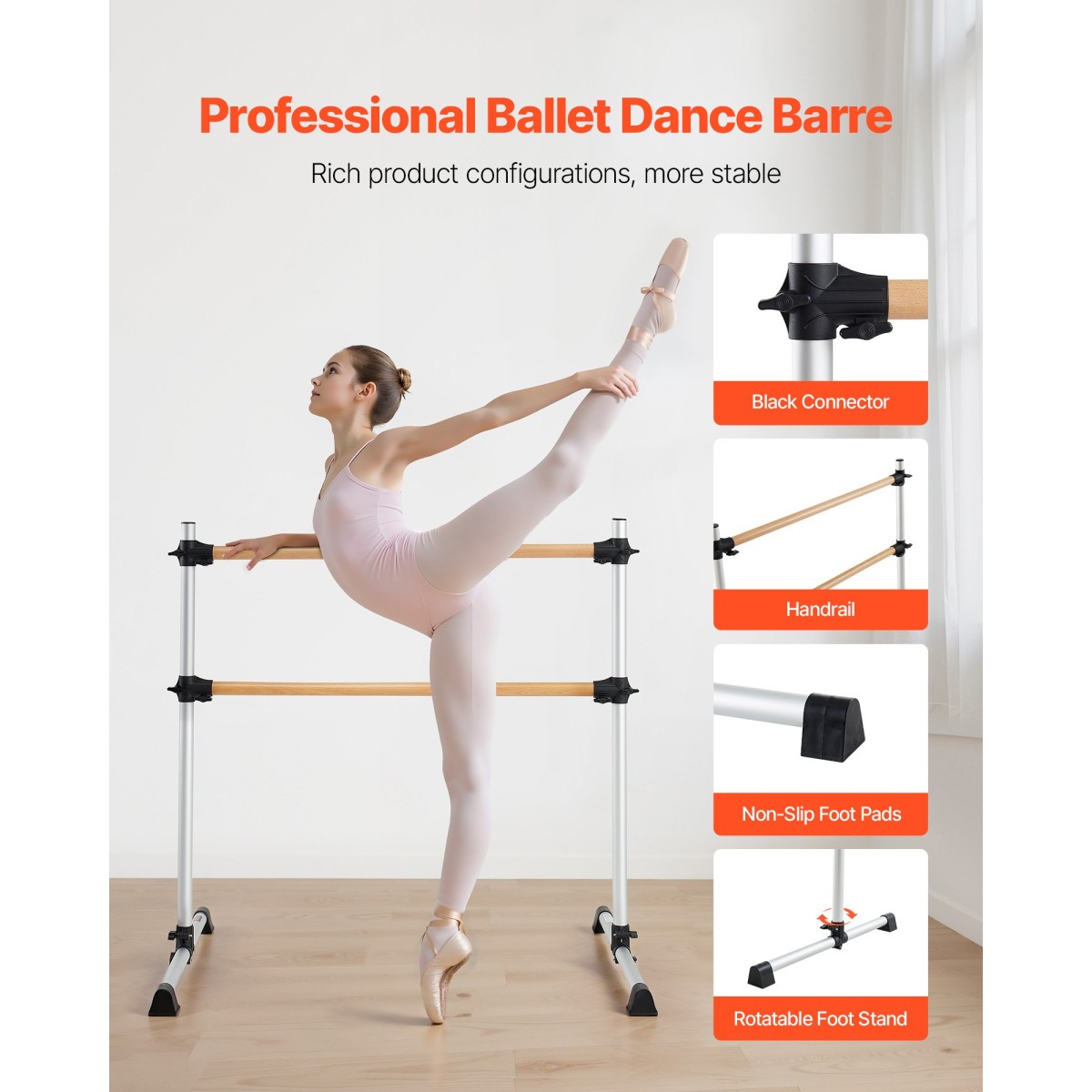 VEVOR Ballet Barre, Διπλό Beechwood Barre Bar για το σπίτι, Φορητές μπάρες χορού Stretching Ballet, Ρυθμιζόμενο ύψος Εξοπλισμός Γυμναστηρίου Anti-Wobble Fitness, για Pilates Balance Workout