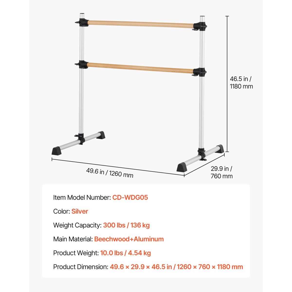 VEVOR Ballet Barre, Διπλό Beechwood Barre Bar για το σπίτι, Φορητές μπάρες χορού Stretching Ballet, Ρυθμιζόμενο ύψος Εξοπλισμός Γυμναστηρίου Anti-Wobble Fitness, για Pilates Balance Workout