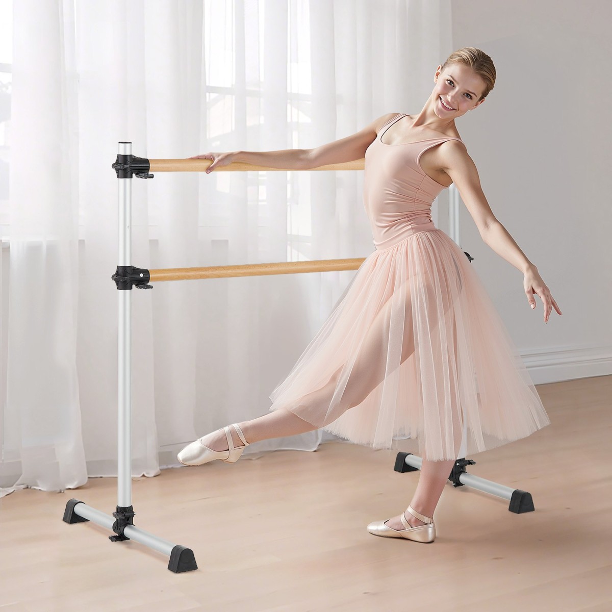 VEVOR Ballet Barre, Διπλό Beechwood Barre Bar για το σπίτι, Φορητές μπάρες χορού Stretching Ballet, Ρυθμιζόμενο ύψος Εξοπλισμός Γυμναστηρίου Anti-Wobble Fitness, για Pilates Balance Workout