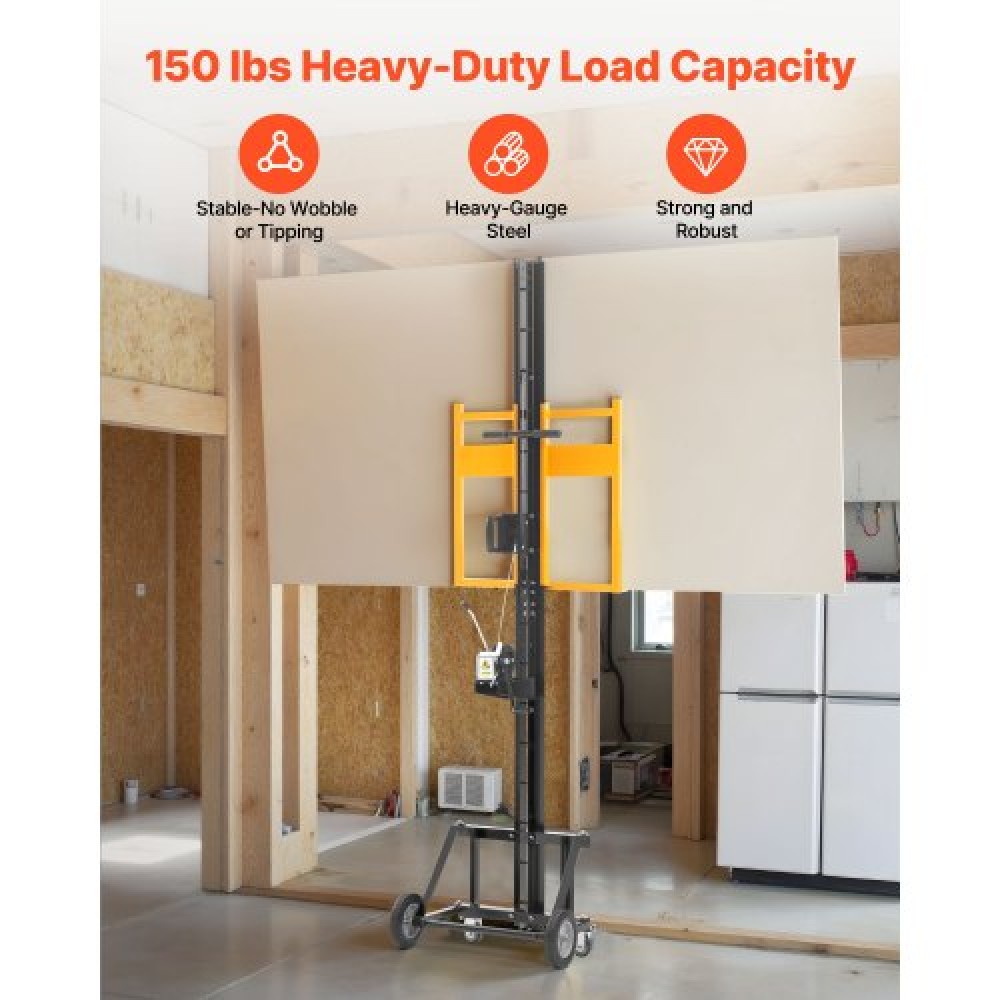VEVOR Drywall Lift, Heavy-Duty 68 kg Sheetrock Hoist for Ceiling & Wall Installation, One Person Drywall Installation, 1219x4878 mm Max. Panel Vertical Lifter with Wheels, Easy Transport (Yellow)
