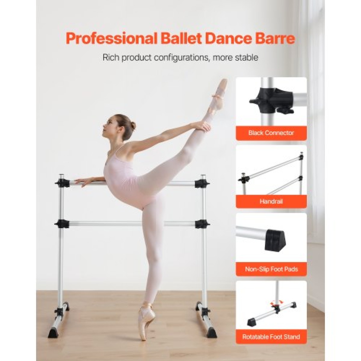 VEVOR Ballet Barre, Αλουμίνιο Double Barre Bar για το σπίτι, ανεξάρτητες φορητές μπάρες χορού τεντώματος μπαλέτου, Εξοπλισμός στούντιο γυμναστικής ρυθμιζόμενου ύψους, για προπόνηση ισορροπίας Pilates