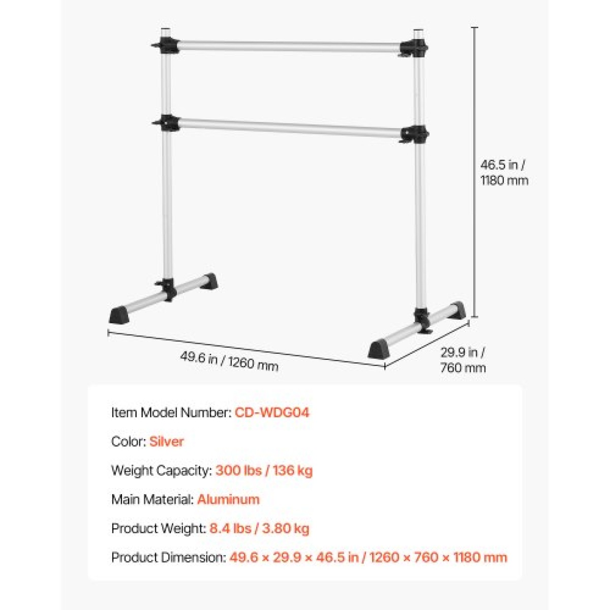 VEVOR Ballet Barre, Αλουμίνιο Double Barre Bar για το σπίτι, ανεξάρτητες φορητές μπάρες χορού τεντώματος μπαλέτου, Εξοπλισμός στούντιο γυμναστικής ρυθμιζόμενου ύψους, για προπόνηση ισορροπίας Pilates