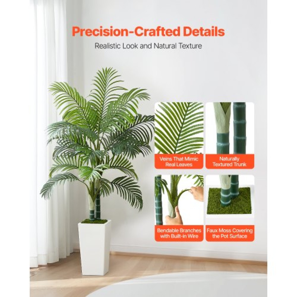 VEVOR Artificial Areca Palm Tree 1524 mm, Ψεύτικος Φοίνικας Τροπικά Φυτά με Λευκή Ψηλή Ζαρντινιέρα, Φυτό από ψεύτικο δάπεδο μετάξι σε γλάστρα, Μεγάλα Δέντρα για Διακόσμηση Σαλονιού οικιακού Γραφείου Θέρμανση σπιτιού, Εσωτερικός εξωτερικός χώρος