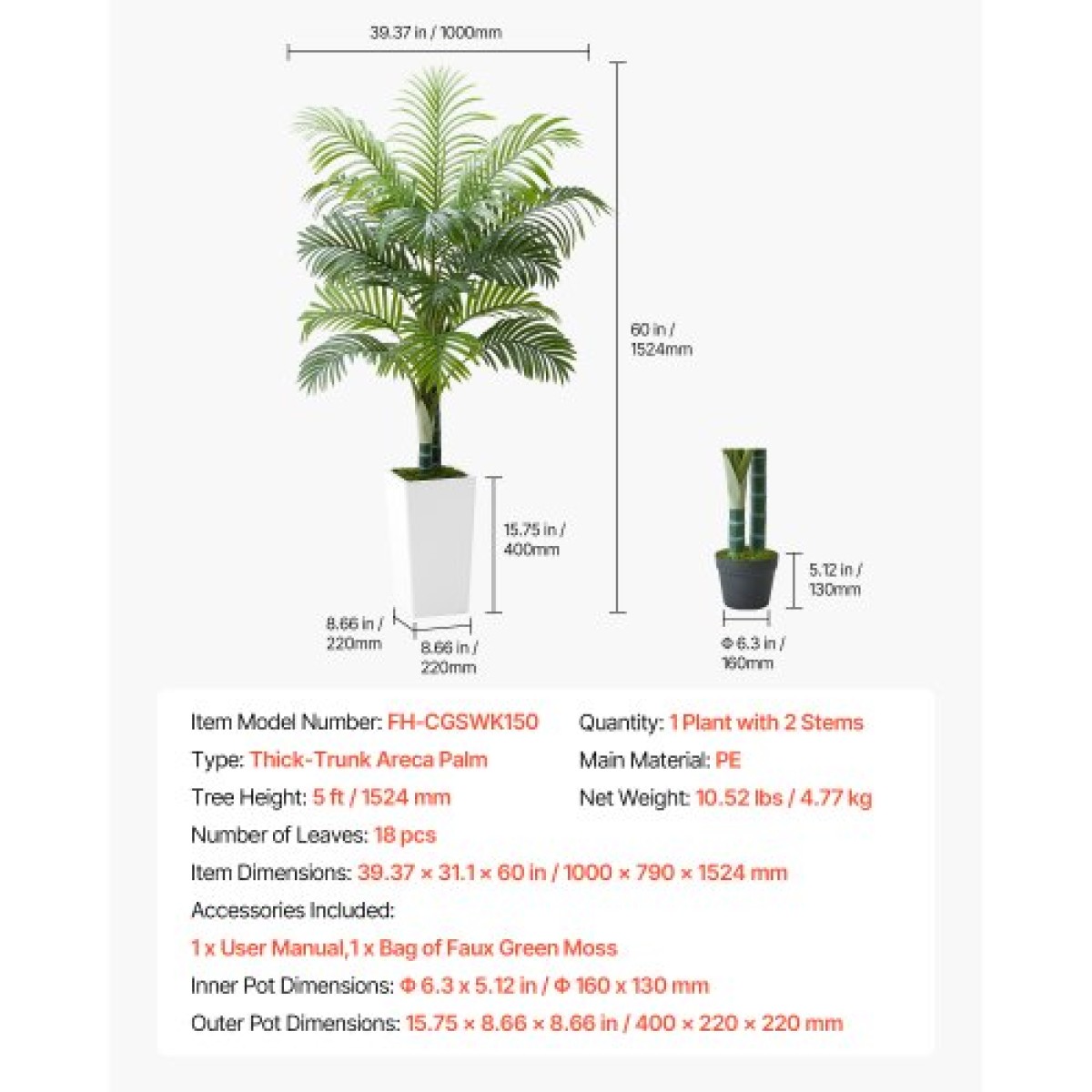 VEVOR Artificial Areca Palm Tree 1524 mm, Ψεύτικος Φοίνικας Τροπικά Φυτά με Λευκή Ψηλή Ζαρντινιέρα, Φυτό από ψεύτικο δάπεδο μετάξι σε γλάστρα, Μεγάλα Δέντρα για Διακόσμηση Σαλονιού οικιακού Γραφείου Θέρμανση σπιτιού, Εσωτερικός εξωτερικός χώρος
