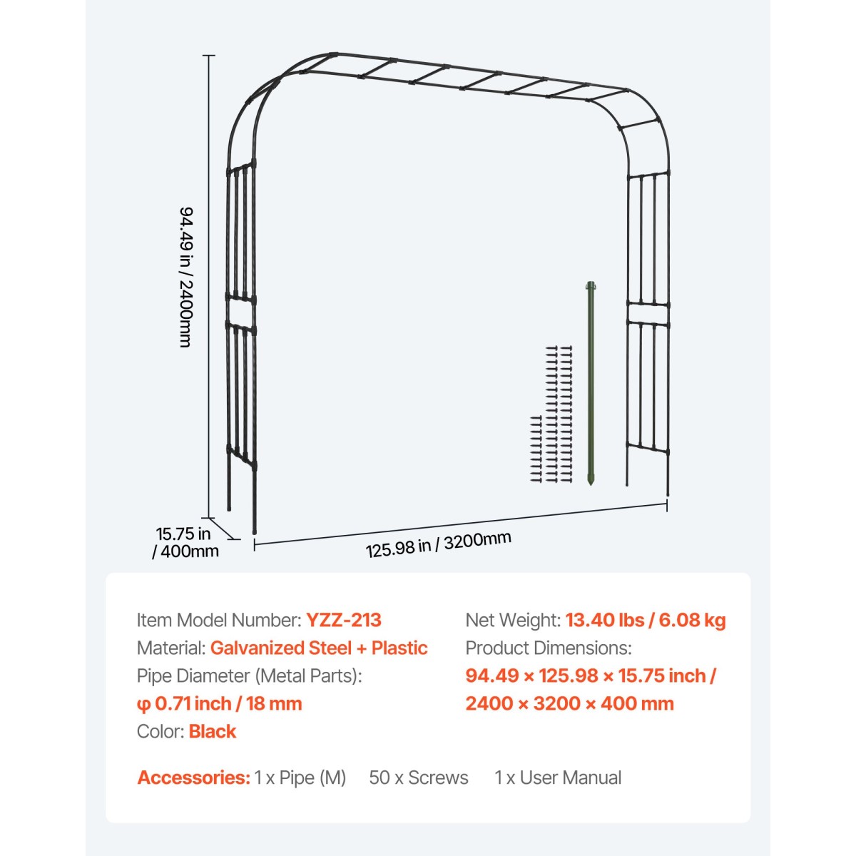 VEVOR Garden Arbor, 2,4 (Υ) x 3,2 (Π) x 0,4 (Β) m Μεταλλική Αψίδα, Στιβαρή Αψίδα Καφασωτών εξωτερικού χώρου με Πασσάλους, Εύκολη Συναρμολόγηση, Πέργκολα Arbor for Plant Climbing Yard Lawn Wedding Party Decoration