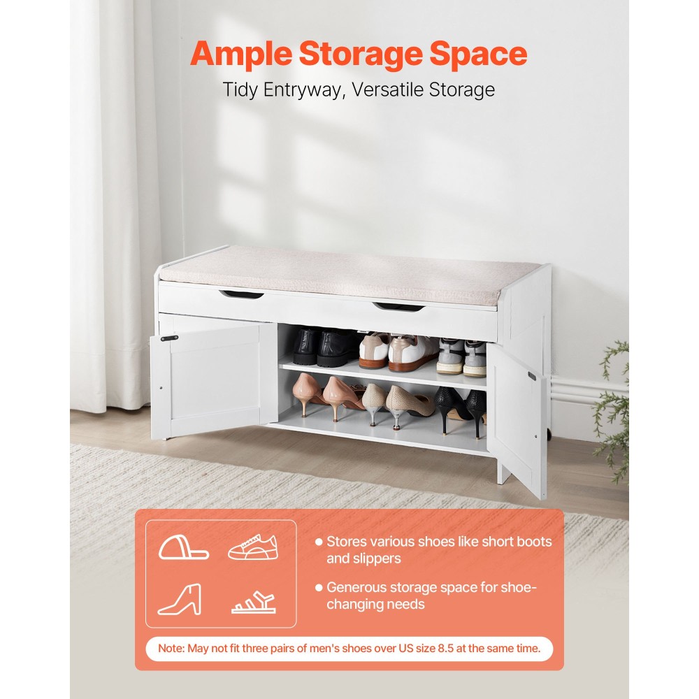 Πάγκος παπουτσιών VEVOR, 1050 x 350 x 503 mm Πάγκος εισόδου με χώρο αποθήκευσης στο επάνω μέρος και μαξιλάρι καθίσματος, ράφι αποθήκευσης παπουτσιών 250 lbs με 3 ντουλάπια και ρυθμιζόμενο ύψος, για υπνοδωμάτιο, διάδρομο, λευκό + μαύρο