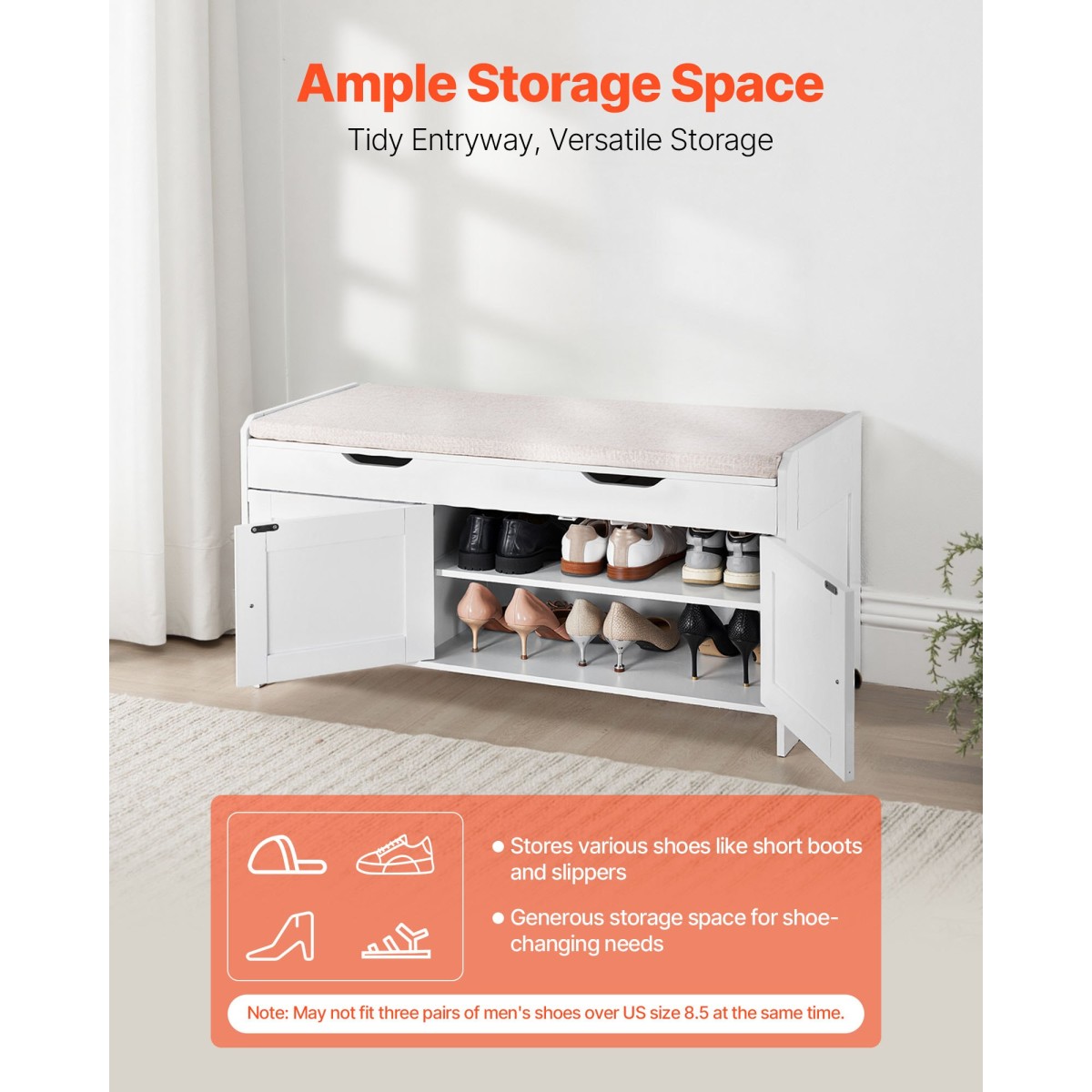 Πάγκος παπουτσιών VEVOR, 1050 x 350 x 503 mm Πάγκος εισόδου με χώρο αποθήκευσης στο επάνω μέρος και μαξιλάρι καθίσματος, ράφι αποθήκευσης παπουτσιών 250 lbs με 3 ντουλάπια και ρυθμιζόμενο ύψος, για υπνοδωμάτιο, διάδρομο, λευκό + μαύρο
