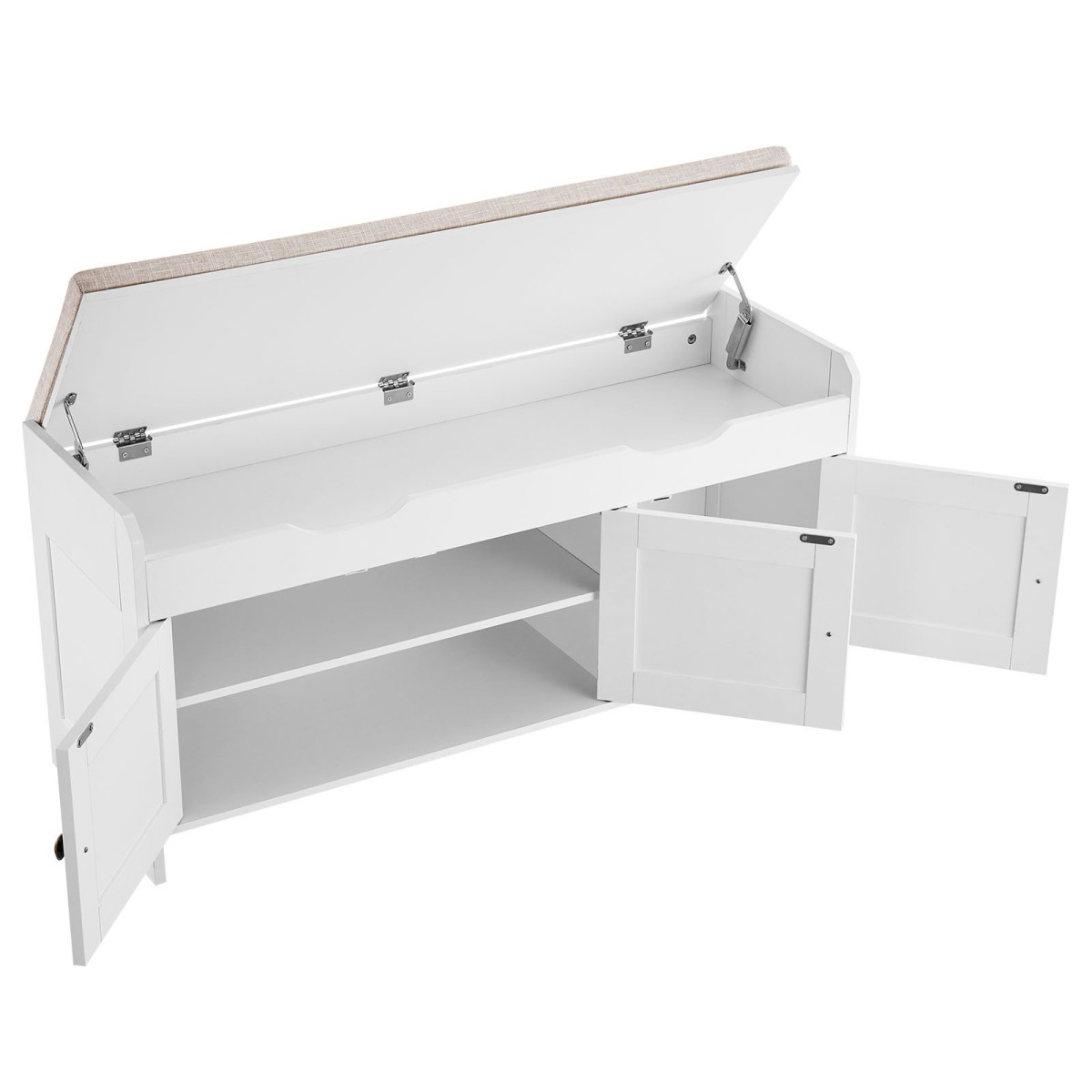 Πάγκος παπουτσιών VEVOR, 1050 x 350 x 503 mm Πάγκος εισόδου με χώρο αποθήκευσης στο επάνω μέρος και μαξιλάρι καθίσματος, ράφι αποθήκευσης παπουτσιών 250 lbs με 3 ντουλάπια και ρυθμιζόμενο ύψος, για υπνοδωμάτιο, διάδρομο, λευκό + μαύρο