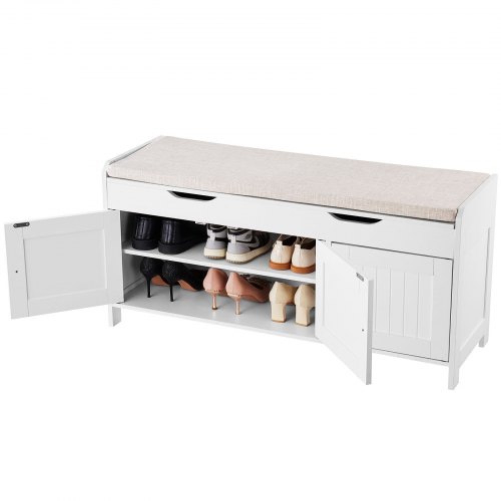Πάγκος παπουτσιών VEVOR, 1050 x 350 x 503 mm Πάγκος εισόδου με χώρο αποθήκευσης στο επάνω μέρος και μαξιλάρι καθίσματος, ράφι αποθήκευσης παπουτσιών 250 lbs με 3 ντουλάπια και ρυθμιζόμενο ύψος, για υπνοδωμάτιο, διάδρομο, λευκό + μαύρο