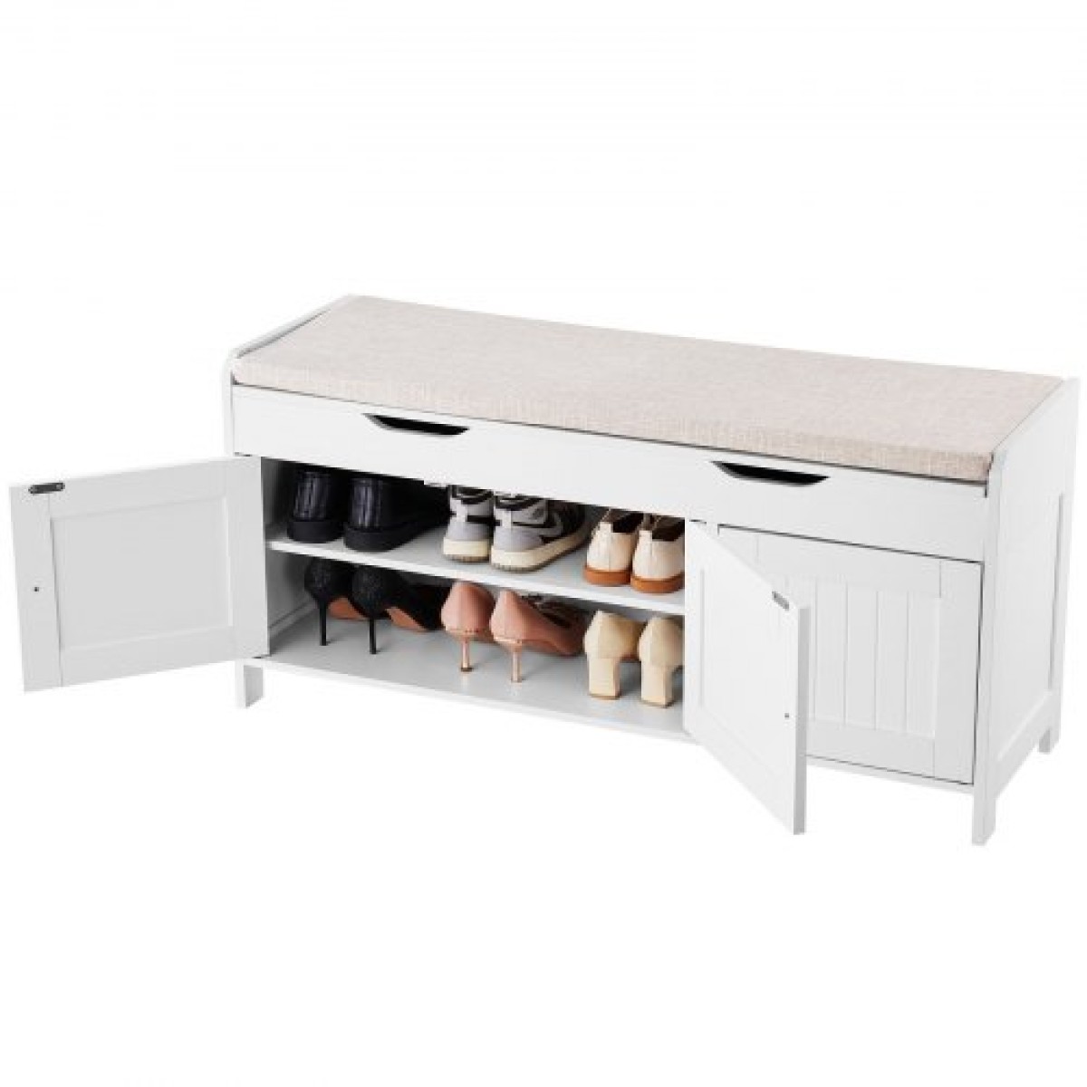 Πάγκος παπουτσιών VEVOR, 1050 x 350 x 503 mm Πάγκος εισόδου με χώρο αποθήκευσης στο επάνω μέρος και μαξιλάρι καθίσματος, ράφι αποθήκευσης παπουτσιών 250 lbs με 3 ντουλάπια και ρυθμιζόμενο ύψος, για υπνοδωμάτιο, διάδρομο, λευκό + μαύρο