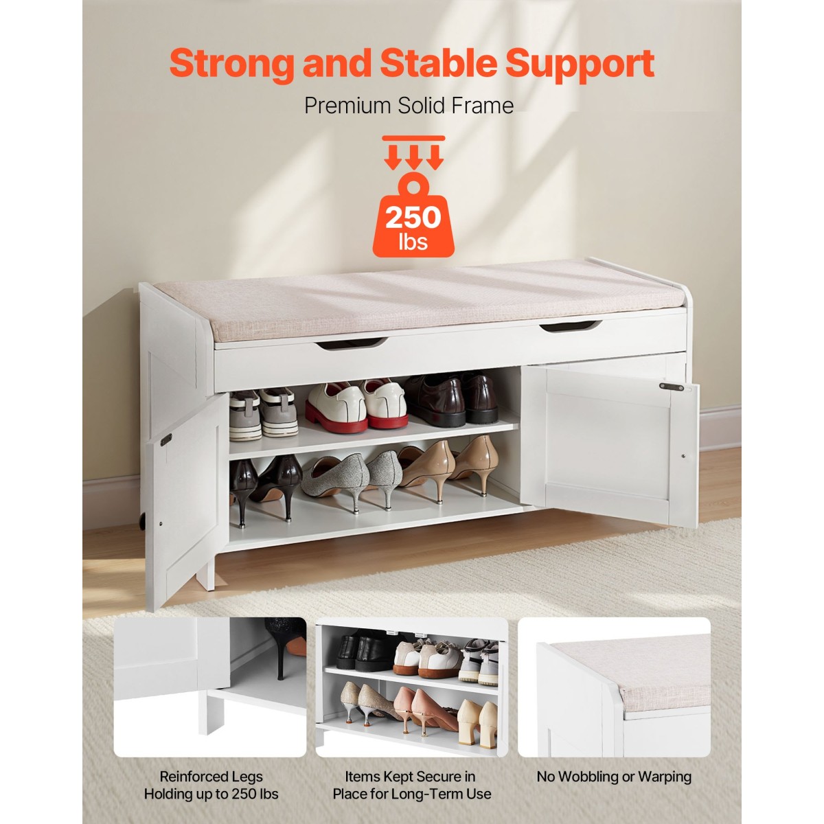 Πάγκος παπουτσιών VEVOR, 1050 x 350 x 503 mm Πάγκος εισόδου με χώρο αποθήκευσης στο επάνω μέρος και μαξιλάρι καθίσματος, ράφι αποθήκευσης παπουτσιών 250 lbs με 3 ντουλάπια και ρυθμιζόμενο ύψος, για υπνοδωμάτιο, διάδρομο, λευκό + μαύρο