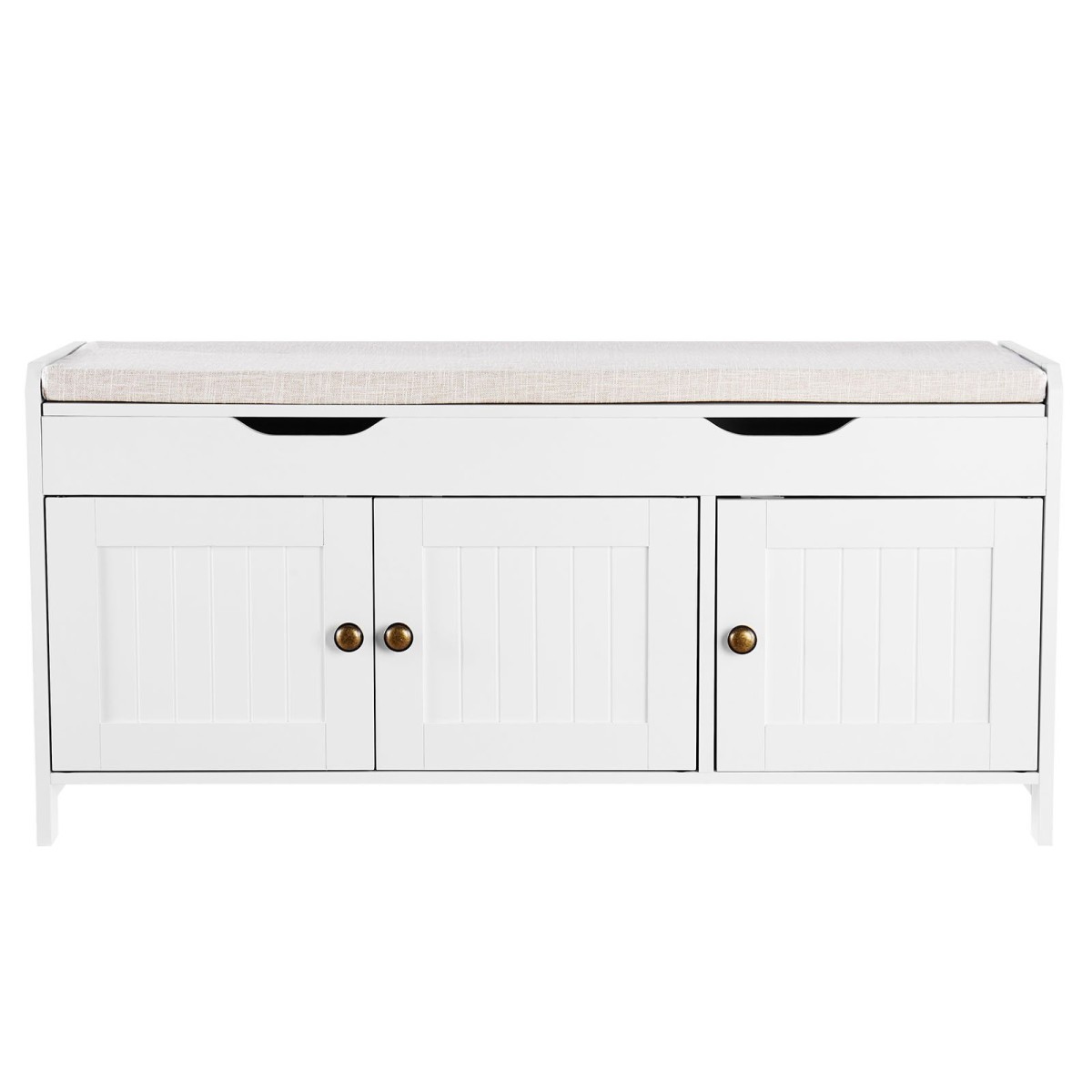 Πάγκος παπουτσιών VEVOR, 1050 x 350 x 503 mm Πάγκος εισόδου με χώρο αποθήκευσης στο επάνω μέρος και μαξιλάρι καθίσματος, ράφι αποθήκευσης παπουτσιών 250 lbs με 3 ντουλάπια και ρυθμιζόμενο ύψος, για υπνοδωμάτιο, διάδρομο, λευκό + μαύρο