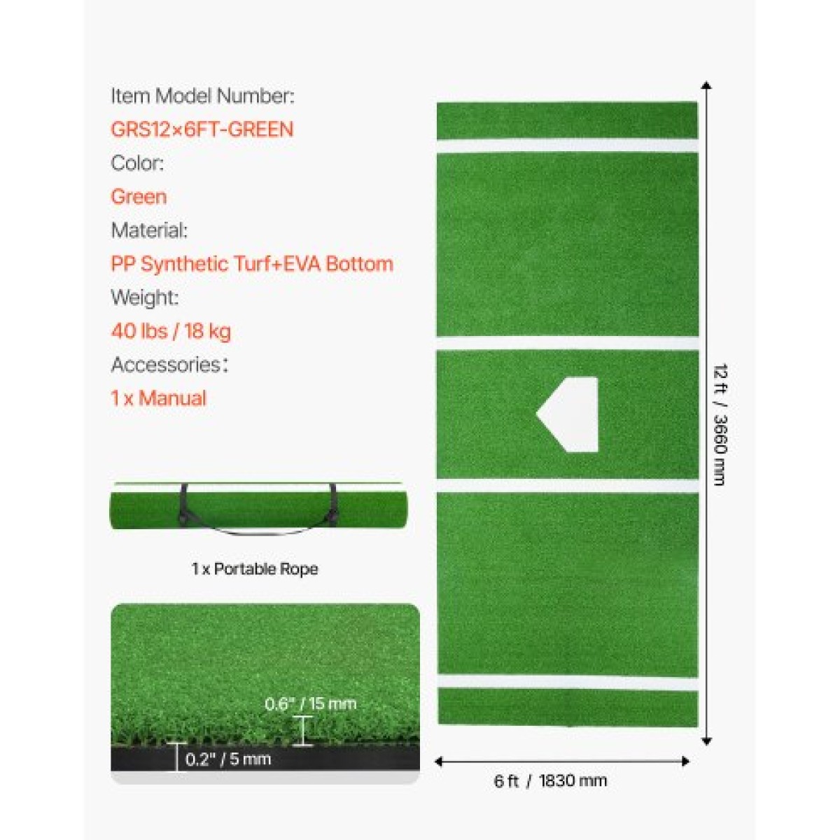 VEVOR Baseball Hitting Mat, 366x183cm Batting Cage Mat, Batters Box Turf Mats, Softball Batting Practice Equipment with Home Plate and Anti Fade Turf, Φορητό βοήθημα προπόνησης για εσωτερικούς εξωτερικούς χώρους, πράσινο