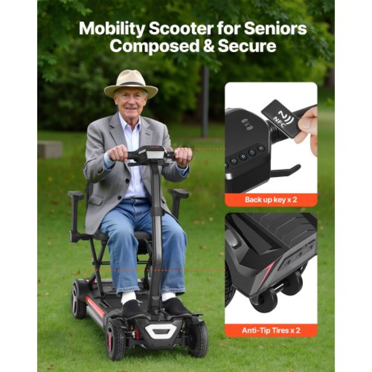 VEVOR 4-Wheel Electric Mobility Scooter για ενήλικες και ηλικιωμένους, ενσωματωμένο αυτόματο αναδιπλούμενο σκούτερ κινητικότητας με τηλεχειριστήριο, κλειδιά NFC & μεγάλης εμβέλειας, 120kg φόρτωση αναπηρικό αμαξίδιο ταξιδιού